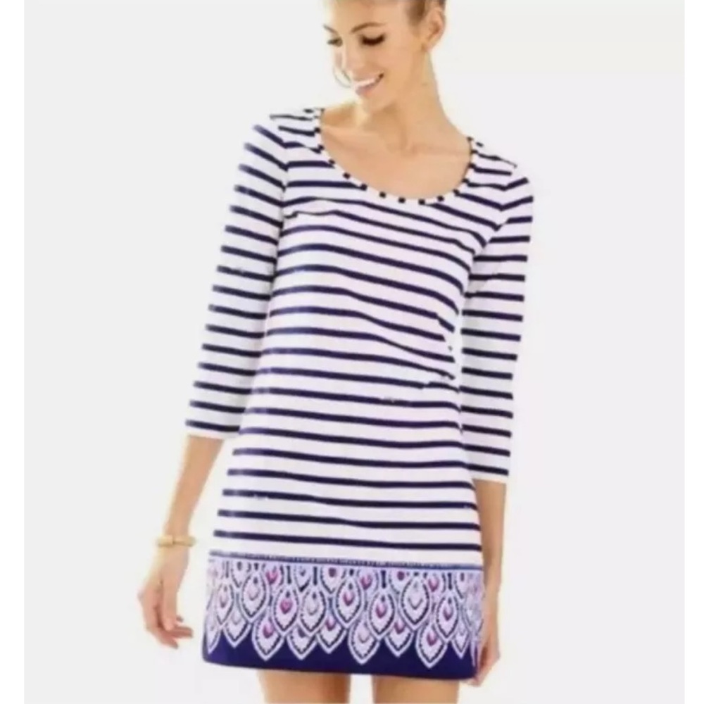 Lilly Pulitzer Beacon Blue Serene Striped Peacock Engineered Dress Women's A22